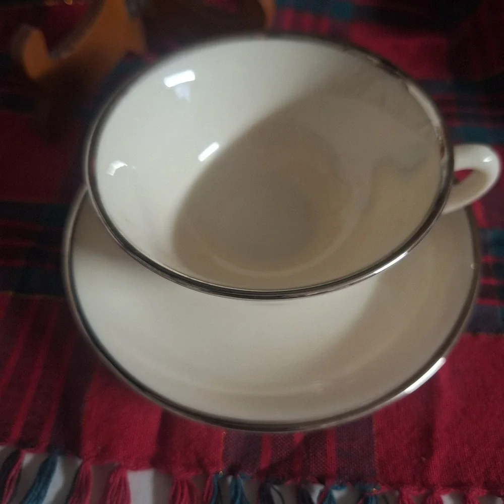 Lenox Montclair Teacup and Saucer Set Ivory Fine China Platinum Trim Made in USA